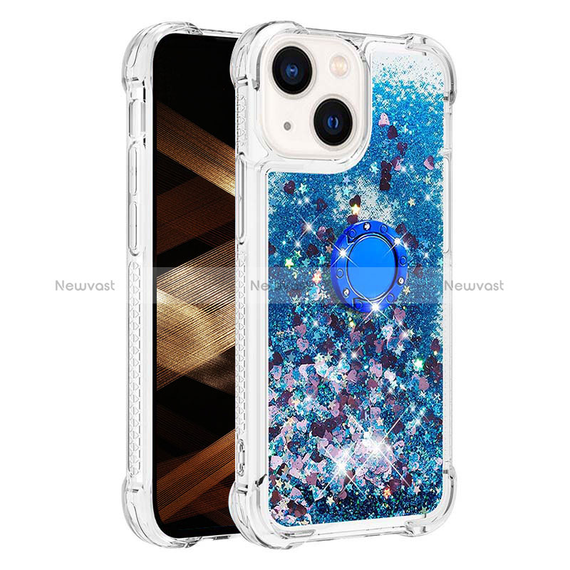 Silicone Candy Rubber TPU Bling-Bling Soft Case Cover with Finger Ring Stand S01 for Apple iPhone 15 Blue
