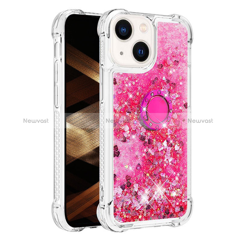 Silicone Candy Rubber TPU Bling-Bling Soft Case Cover with Finger Ring Stand S01 for Apple iPhone 15 Plus Hot Pink