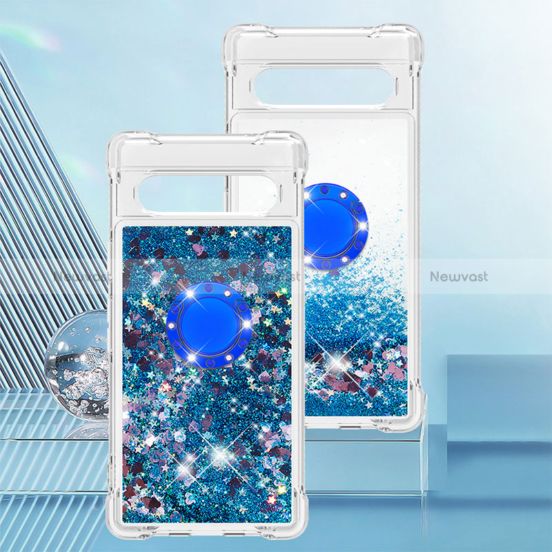 Silicone Candy Rubber TPU Bling-Bling Soft Case Cover with Finger Ring Stand S01 for Google Pixel 7a 5G Blue