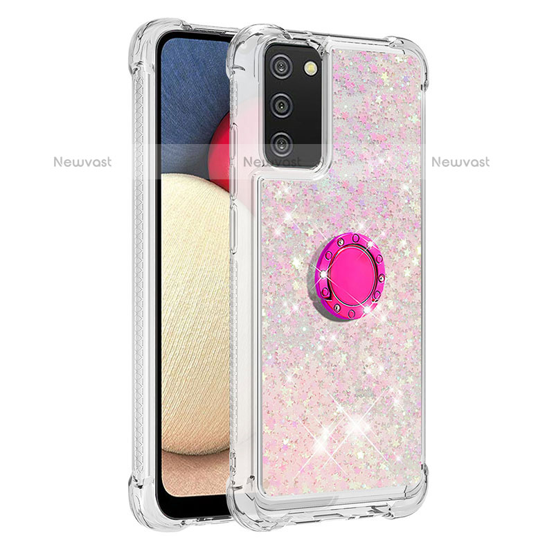 Silicone Candy Rubber TPU Bling-Bling Soft Case Cover with Finger Ring Stand S01 for Samsung Galaxy A02s Pink