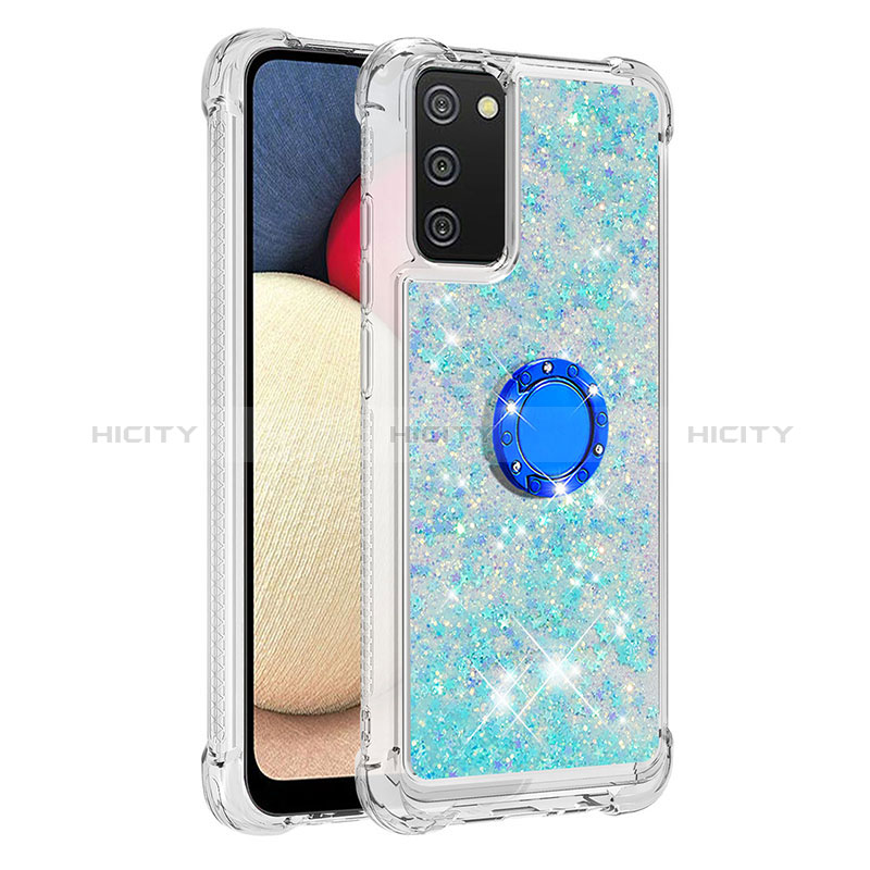 Silicone Candy Rubber TPU Bling-Bling Soft Case Cover with Finger Ring Stand S01 for Samsung Galaxy A03s Cyan