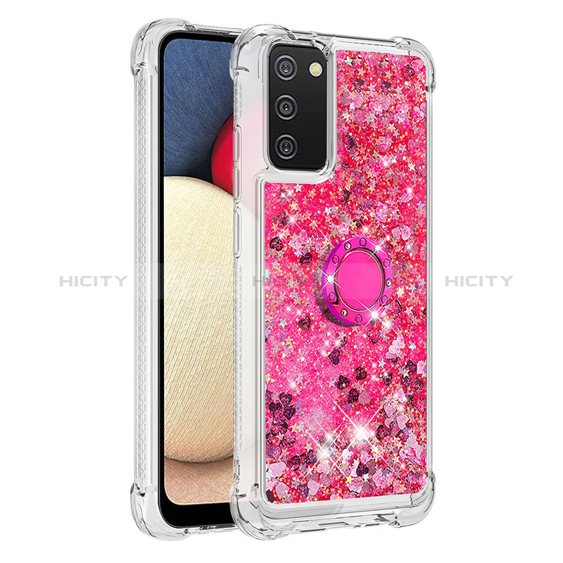 Silicone Candy Rubber TPU Bling-Bling Soft Case Cover with Finger Ring Stand S01 for Samsung Galaxy A03s Hot Pink