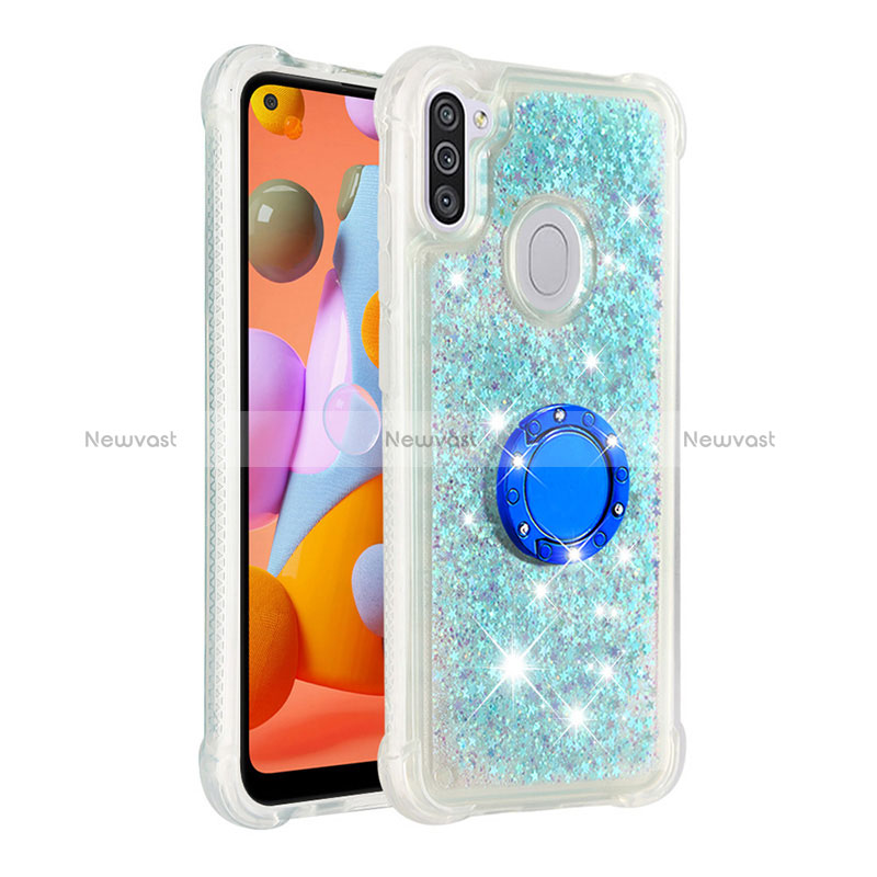 Silicone Candy Rubber TPU Bling-Bling Soft Case Cover with Finger Ring Stand S01 for Samsung Galaxy A11 Sky Blue