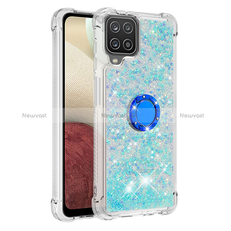 Silicone Candy Rubber TPU Bling-Bling Soft Case Cover with Finger Ring Stand S01 for Samsung Galaxy A12 5G Sky Blue