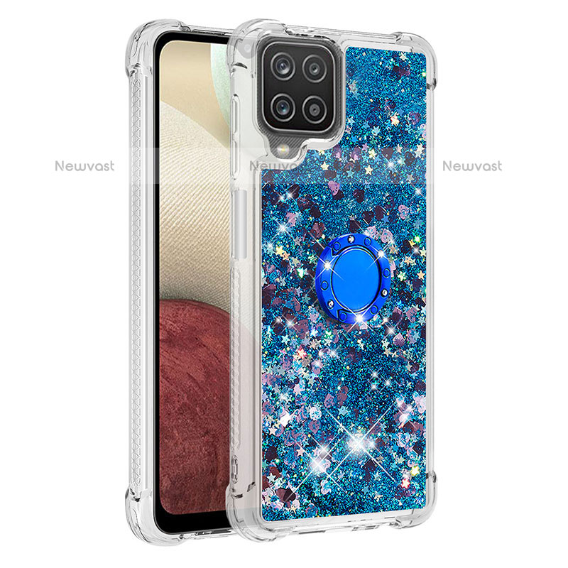 Silicone Candy Rubber TPU Bling-Bling Soft Case Cover with Finger Ring Stand S01 for Samsung Galaxy A12 Blue