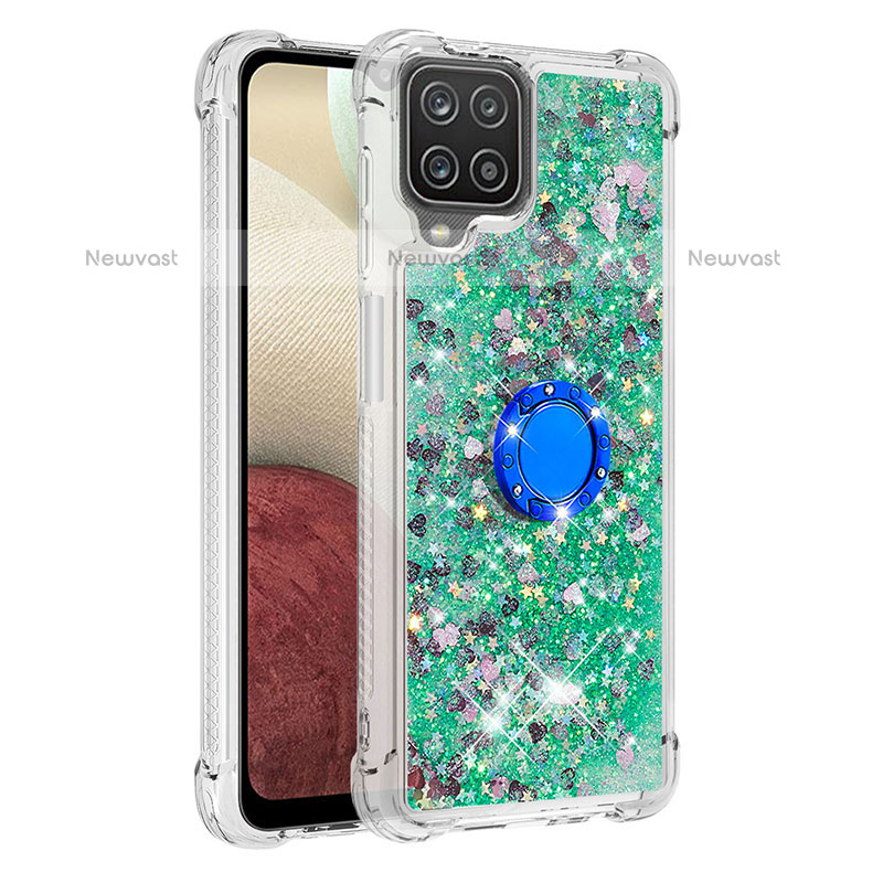 Silicone Candy Rubber TPU Bling-Bling Soft Case Cover with Finger Ring Stand S01 for Samsung Galaxy A12 Green