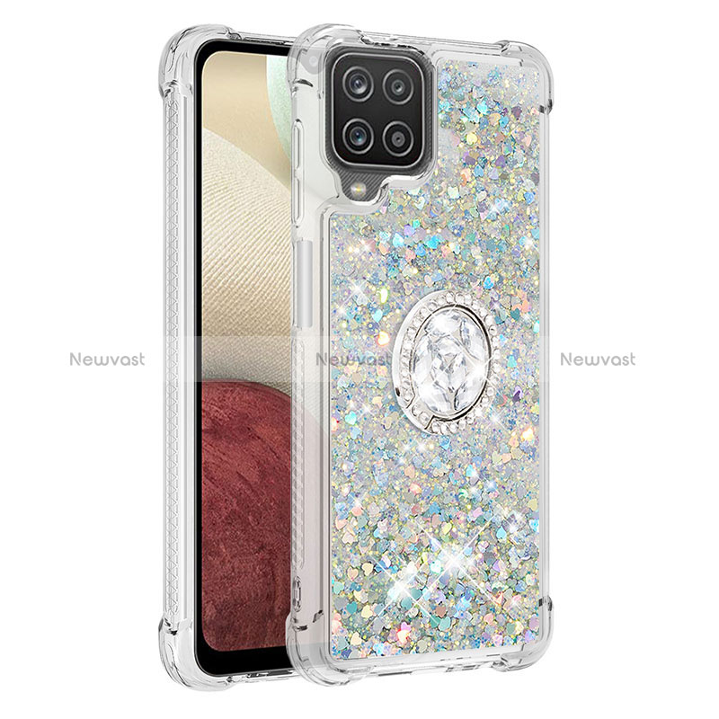 Silicone Candy Rubber TPU Bling-Bling Soft Case Cover with Finger Ring Stand S01 for Samsung Galaxy A12 Nacho Silver