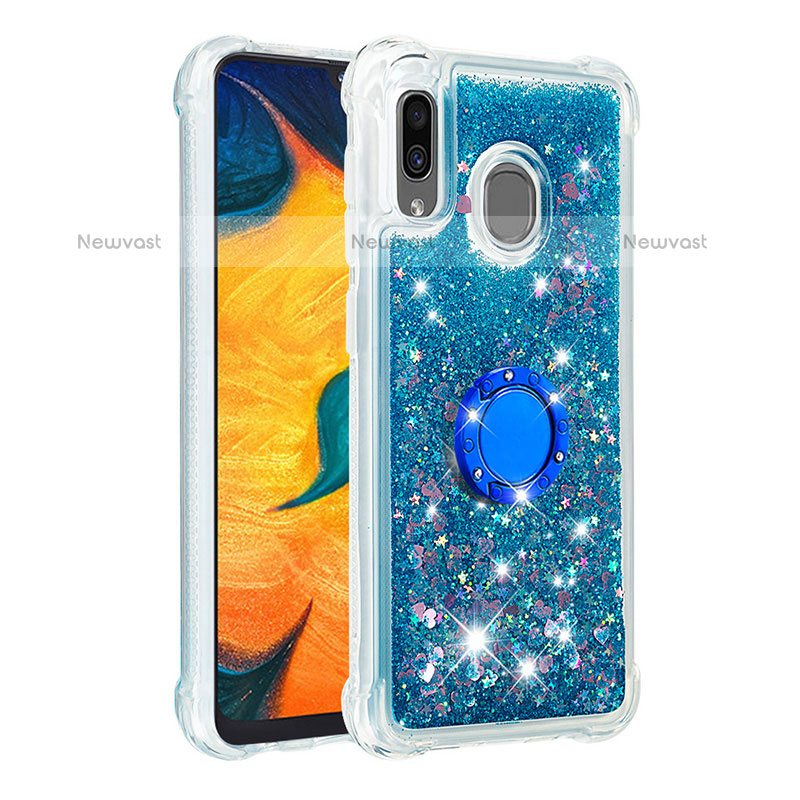 Silicone Candy Rubber TPU Bling-Bling Soft Case Cover with Finger Ring Stand S01 for Samsung Galaxy A20 Blue