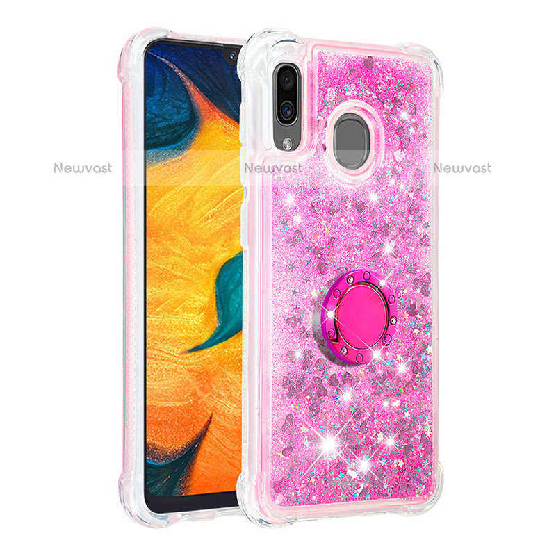 Silicone Candy Rubber TPU Bling-Bling Soft Case Cover with Finger Ring Stand S01 for Samsung Galaxy A20 Hot Pink