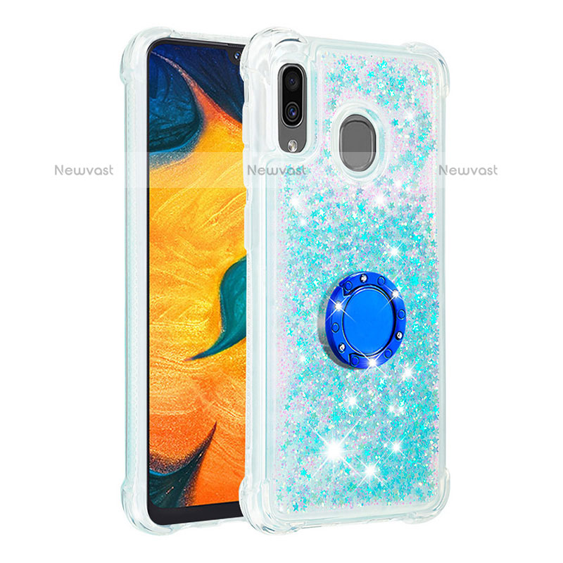 Silicone Candy Rubber TPU Bling-Bling Soft Case Cover with Finger Ring Stand S01 for Samsung Galaxy A20 Sky Blue