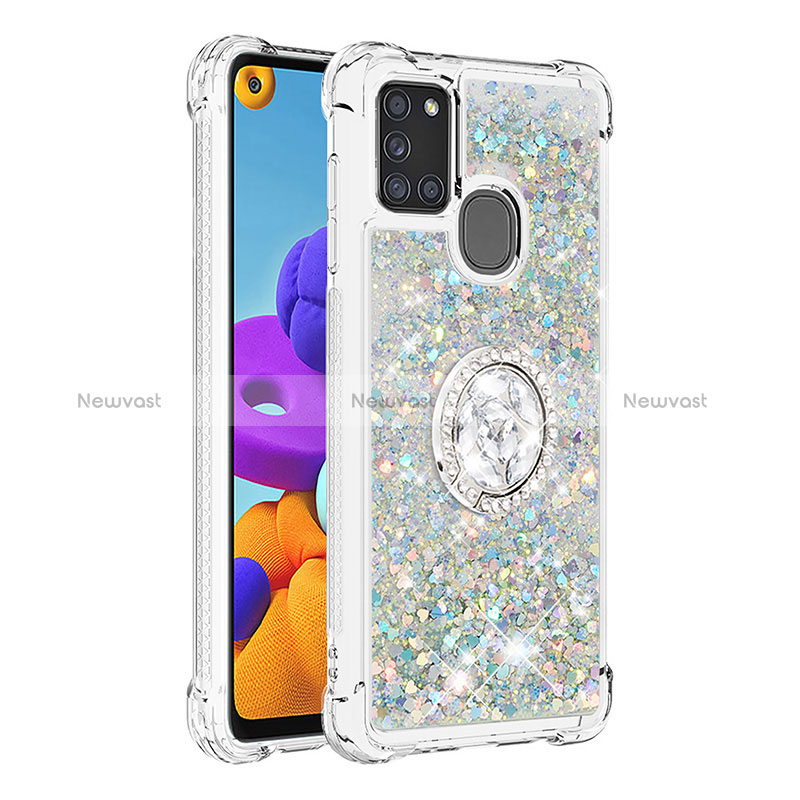 Silicone Candy Rubber TPU Bling-Bling Soft Case Cover with Finger Ring Stand S01 for Samsung Galaxy A21s