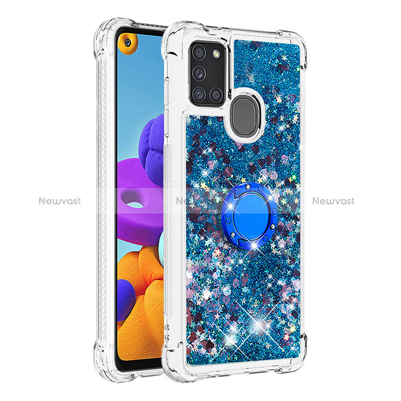 Silicone Candy Rubber TPU Bling-Bling Soft Case Cover with Finger Ring Stand S01 for Samsung Galaxy A21s Blue