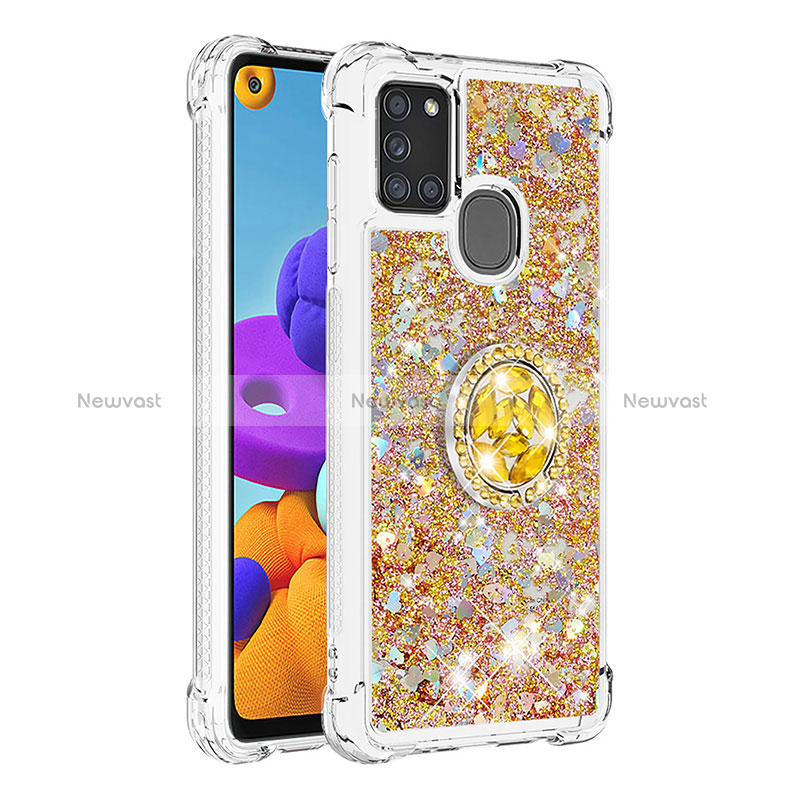 Silicone Candy Rubber TPU Bling-Bling Soft Case Cover with Finger Ring Stand S01 for Samsung Galaxy A21s Gold