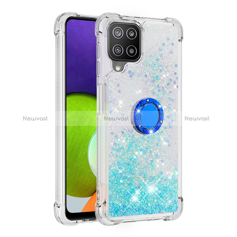 Silicone Candy Rubber TPU Bling-Bling Soft Case Cover with Finger Ring Stand S01 for Samsung Galaxy A22 4G Cyan