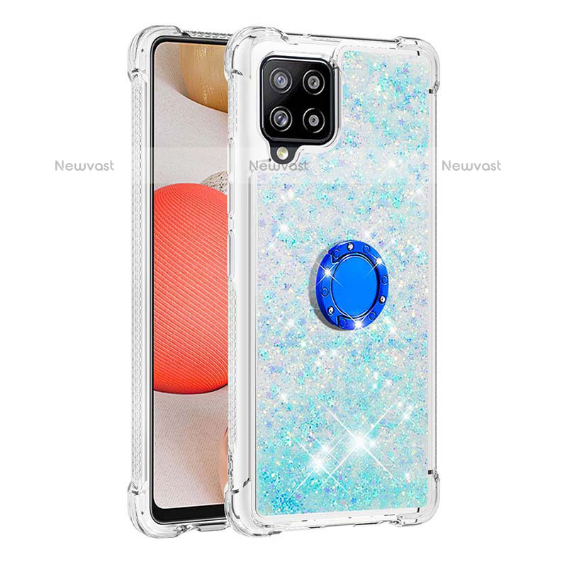 Silicone Candy Rubber TPU Bling-Bling Soft Case Cover with Finger Ring Stand S01 for Samsung Galaxy A42 5G Sky Blue