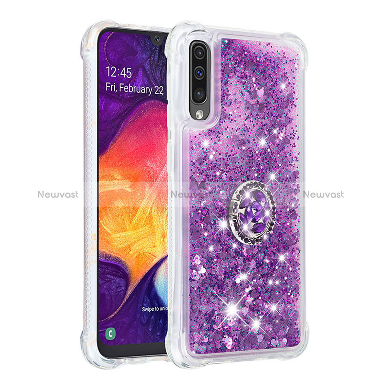 Silicone Candy Rubber TPU Bling-Bling Soft Case Cover with Finger Ring Stand S01 for Samsung Galaxy A50 Purple