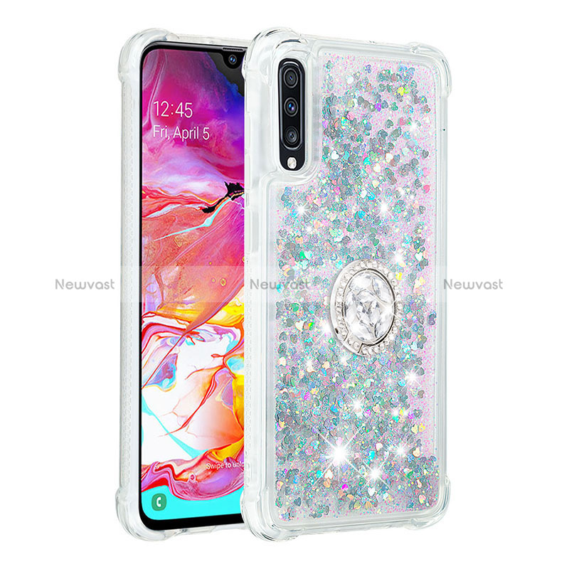 Silicone Candy Rubber TPU Bling-Bling Soft Case Cover with Finger Ring Stand S01 for Samsung Galaxy A70S Silver