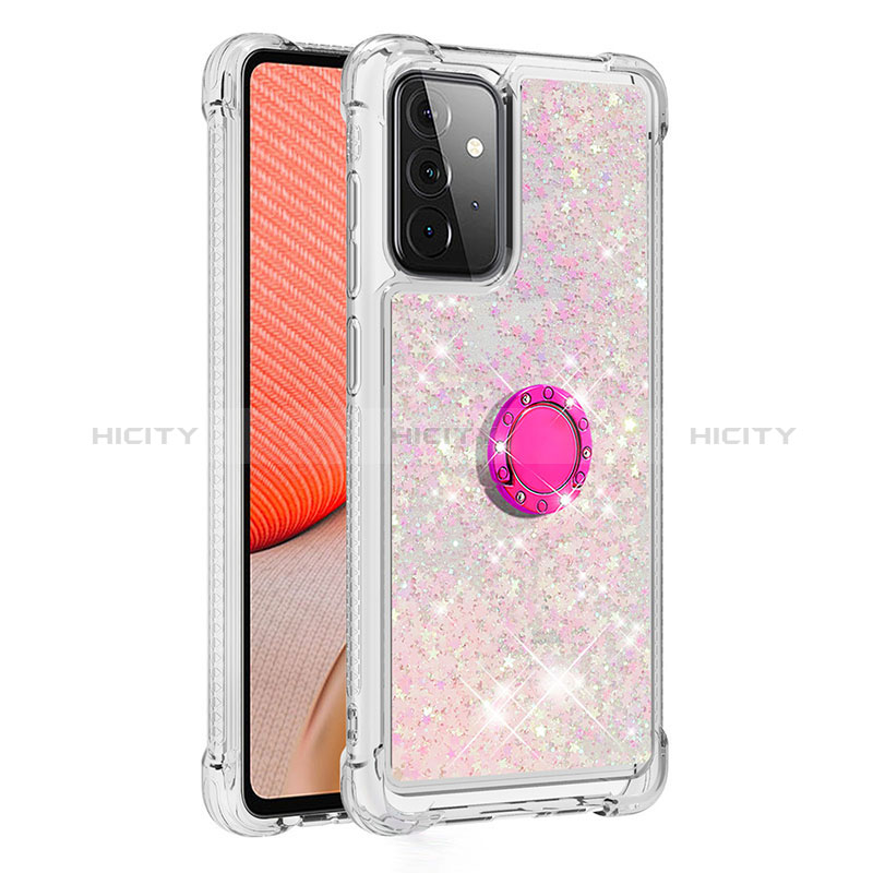 Silicone Candy Rubber TPU Bling-Bling Soft Case Cover with Finger Ring Stand S01 for Samsung Galaxy A72 4G Pink