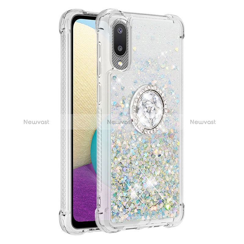 Silicone Candy Rubber TPU Bling-Bling Soft Case Cover with Finger Ring Stand S01 for Samsung Galaxy M02 Silver