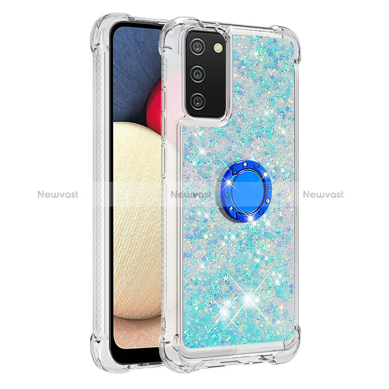 Silicone Candy Rubber TPU Bling-Bling Soft Case Cover with Finger Ring Stand S01 for Samsung Galaxy M02s Cyan