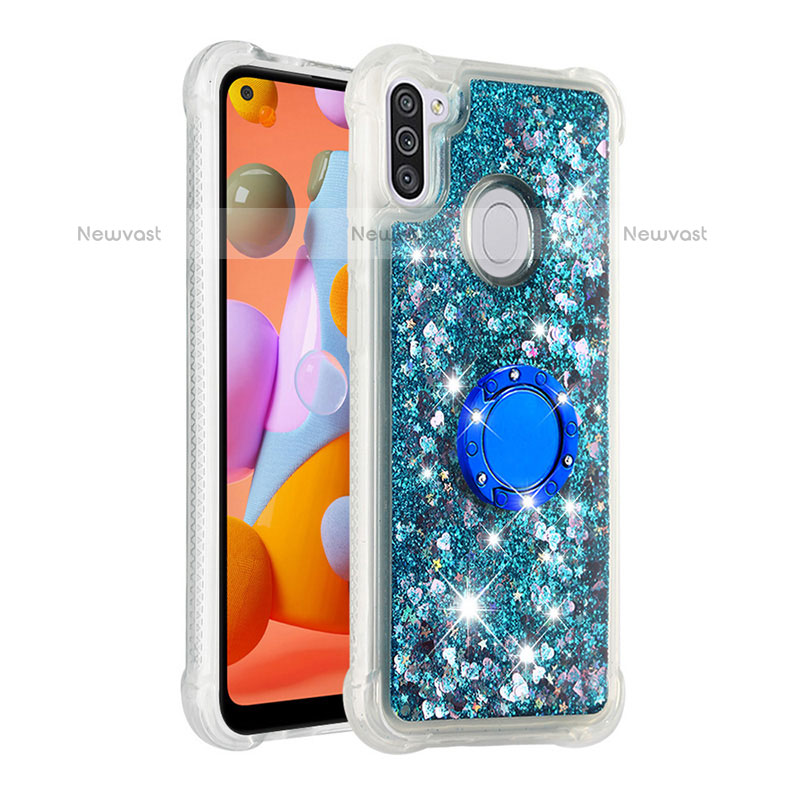 Silicone Candy Rubber TPU Bling-Bling Soft Case Cover with Finger Ring Stand S01 for Samsung Galaxy M11 Blue
