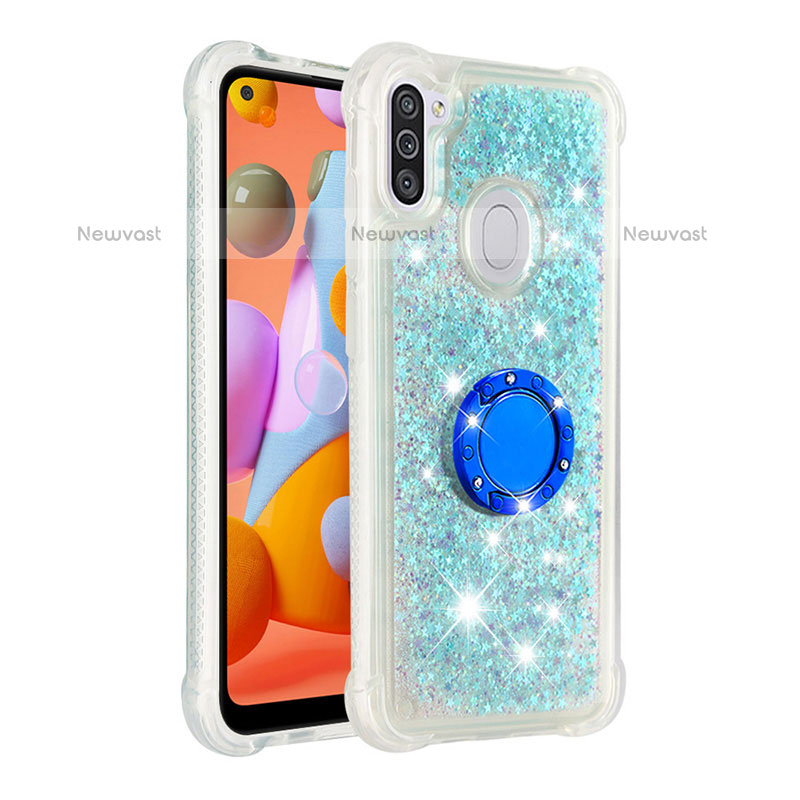 Silicone Candy Rubber TPU Bling-Bling Soft Case Cover with Finger Ring Stand S01 for Samsung Galaxy M11 Sky Blue