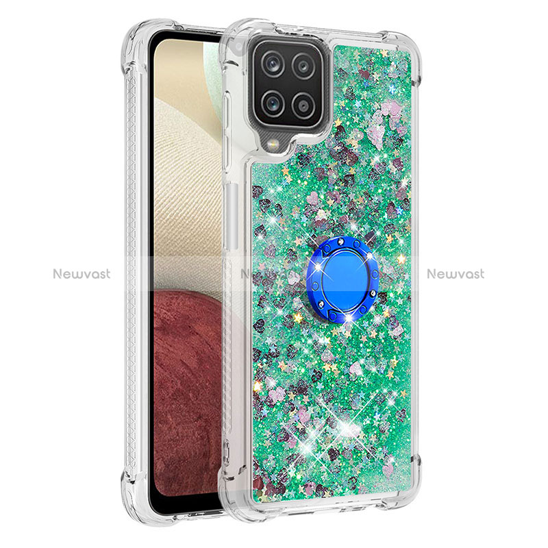 Silicone Candy Rubber TPU Bling-Bling Soft Case Cover with Finger Ring Stand S01 for Samsung Galaxy M12 Green