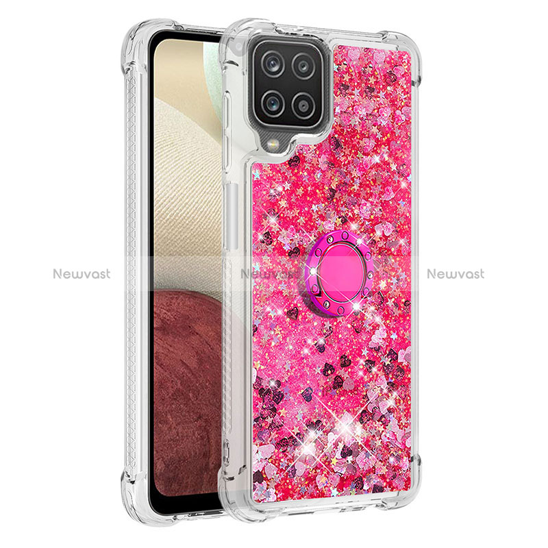 Silicone Candy Rubber TPU Bling-Bling Soft Case Cover with Finger Ring Stand S01 for Samsung Galaxy M12 Hot Pink