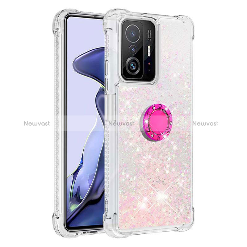 Silicone Candy Rubber TPU Bling-Bling Soft Case Cover with Finger Ring Stand S01 for Xiaomi Mi 11T Pro 5G Pink