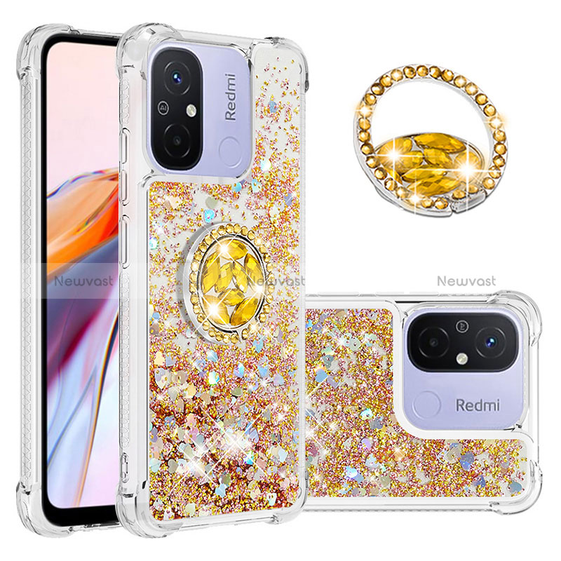 Silicone Candy Rubber TPU Bling-Bling Soft Case Cover with Finger Ring Stand S01 for Xiaomi Poco C55 Gold