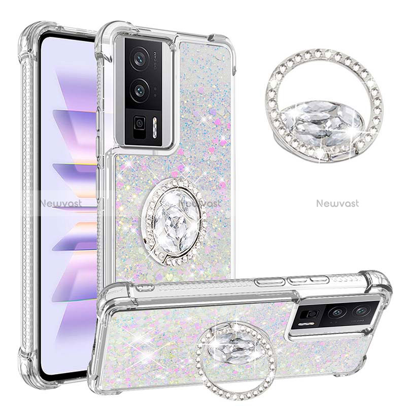 Silicone Candy Rubber TPU Bling-Bling Soft Case Cover with Finger Ring Stand S01 for Xiaomi Poco F5 Pro 5G Silver