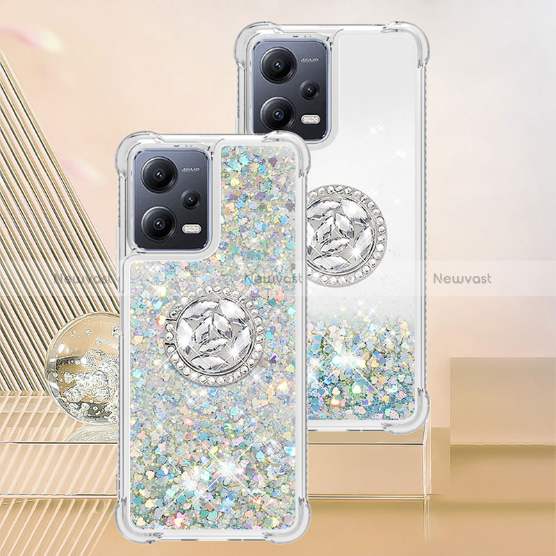 Silicone Candy Rubber TPU Bling-Bling Soft Case Cover with Finger Ring Stand S01 for Xiaomi Redmi Note 12 5G Silver