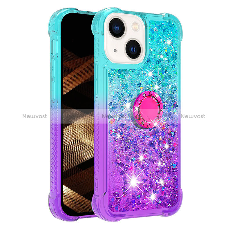 Silicone Candy Rubber TPU Bling-Bling Soft Case Cover with Finger Ring Stand S02 for Apple iPhone 14 Plus Sky Blue