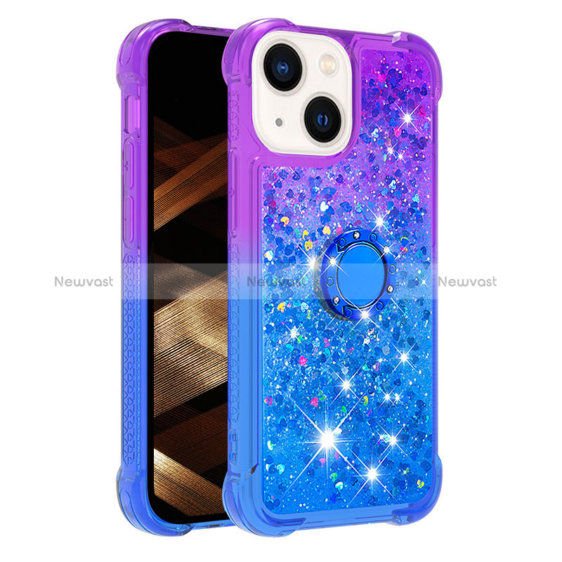 Silicone Candy Rubber TPU Bling-Bling Soft Case Cover with Finger Ring Stand S02 for Apple iPhone 15 Purple