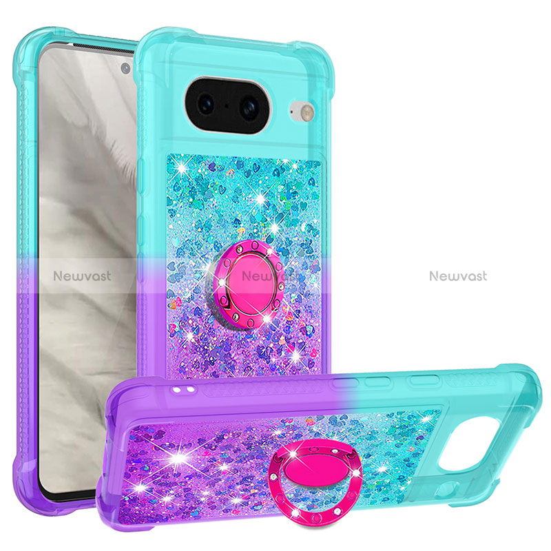 Silicone Candy Rubber TPU Bling-Bling Soft Case Cover with Finger Ring Stand S02 for Google Pixel 8 5G Sky Blue