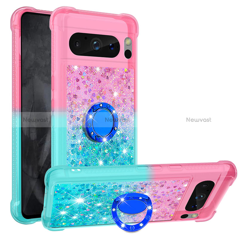 Silicone Candy Rubber TPU Bling-Bling Soft Case Cover with Finger Ring Stand S02 for Google Pixel 8 Pro 5G Pink