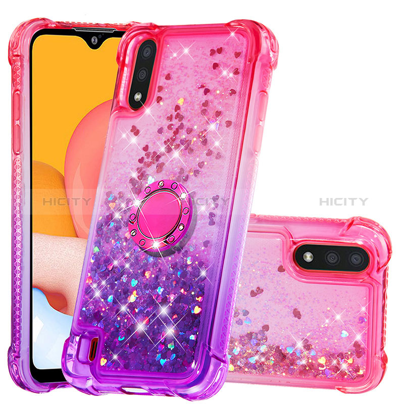 Silicone Candy Rubber TPU Bling-Bling Soft Case Cover with Finger Ring Stand S02 for Samsung Galaxy A01 SM-A015 Hot Pink