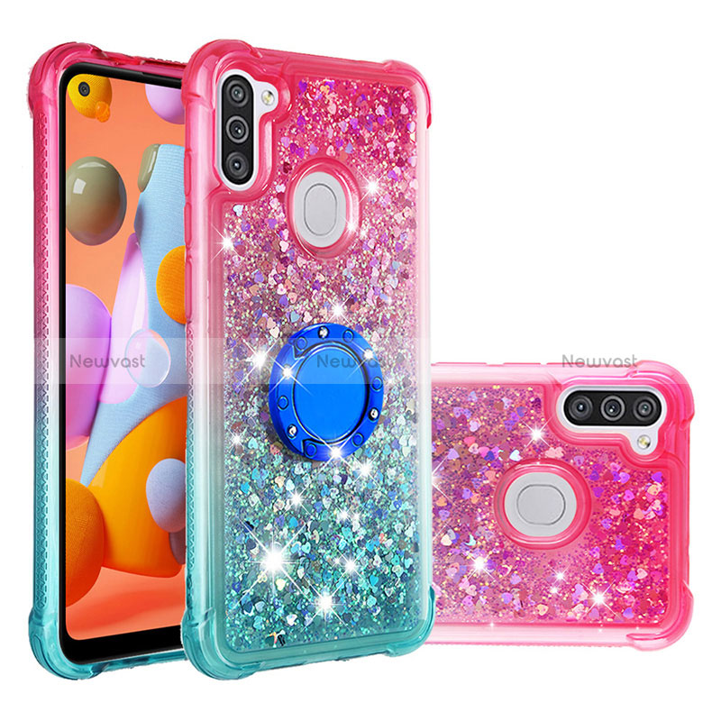 Silicone Candy Rubber TPU Bling-Bling Soft Case Cover with Finger Ring Stand S02 for Samsung Galaxy A11 Pink