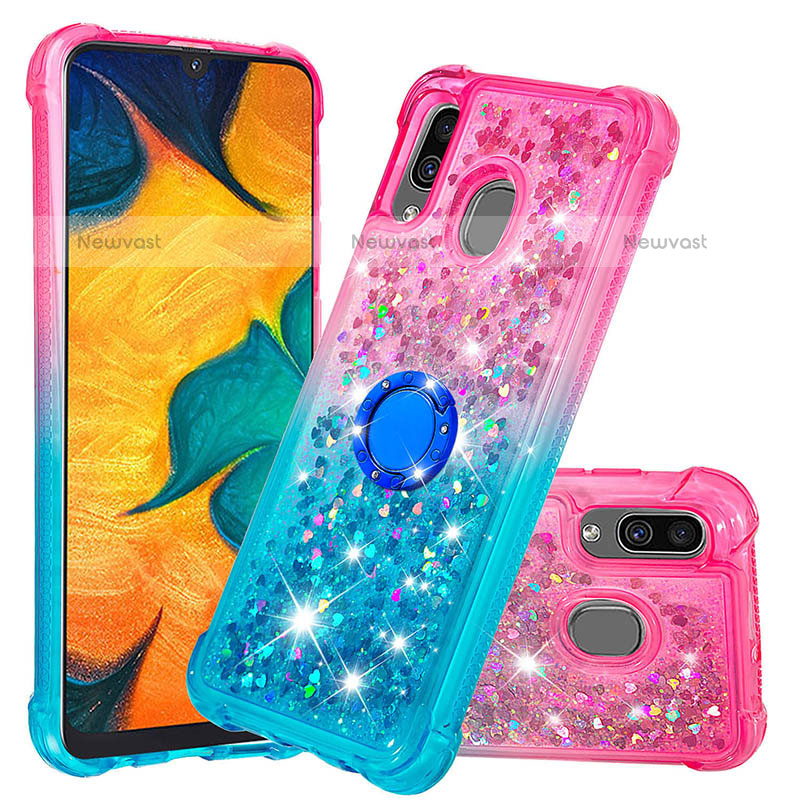 Silicone Candy Rubber TPU Bling-Bling Soft Case Cover with Finger Ring Stand S02 for Samsung Galaxy A20 Pink