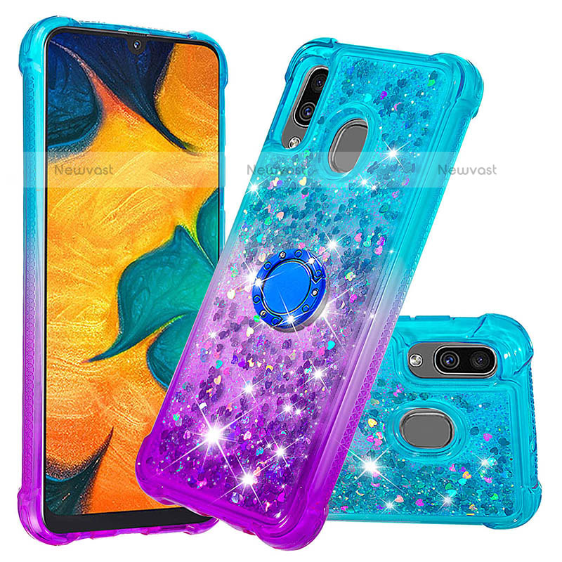 Silicone Candy Rubber TPU Bling-Bling Soft Case Cover with Finger Ring Stand S02 for Samsung Galaxy A20 Sky Blue