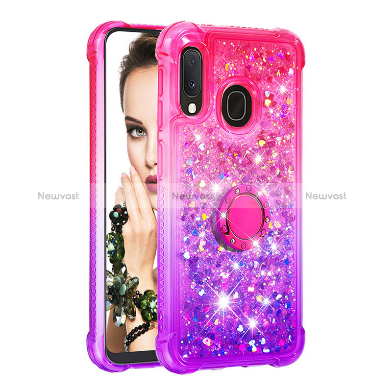 Silicone Candy Rubber TPU Bling-Bling Soft Case Cover with Finger Ring Stand S02 for Samsung Galaxy A20e Hot Pink