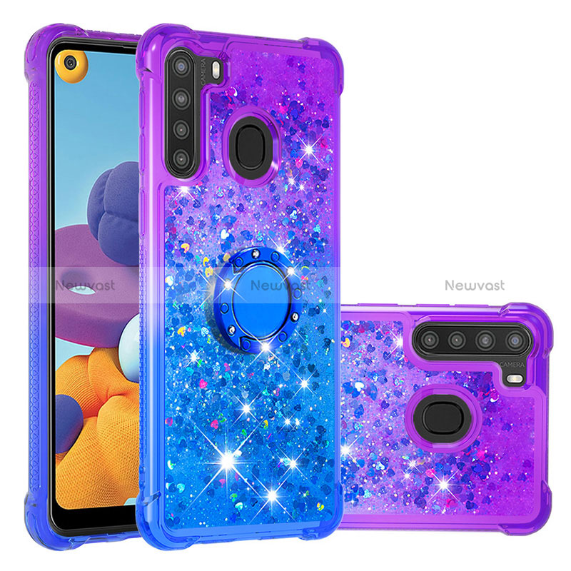 Silicone Candy Rubber TPU Bling-Bling Soft Case Cover with Finger Ring Stand S02 for Samsung Galaxy A21 Purple