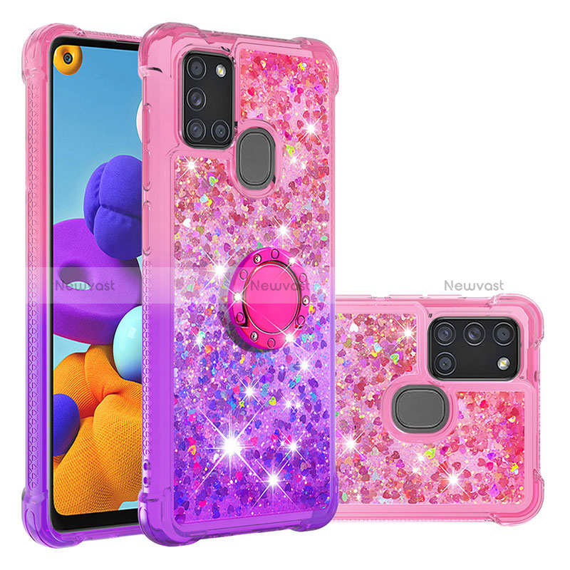Silicone Candy Rubber TPU Bling-Bling Soft Case Cover with Finger Ring Stand S02 for Samsung Galaxy A21s