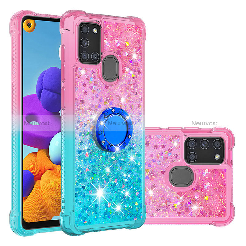 Silicone Candy Rubber TPU Bling-Bling Soft Case Cover with Finger Ring Stand S02 for Samsung Galaxy A21s