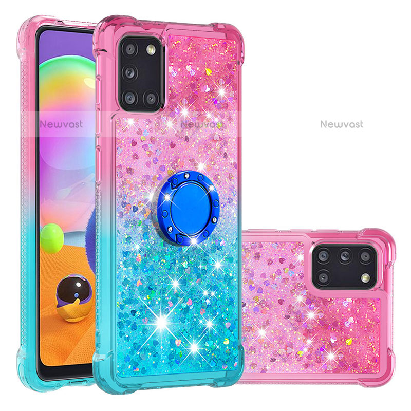 Silicone Candy Rubber TPU Bling-Bling Soft Case Cover with Finger Ring Stand S02 for Samsung Galaxy A31 Pink