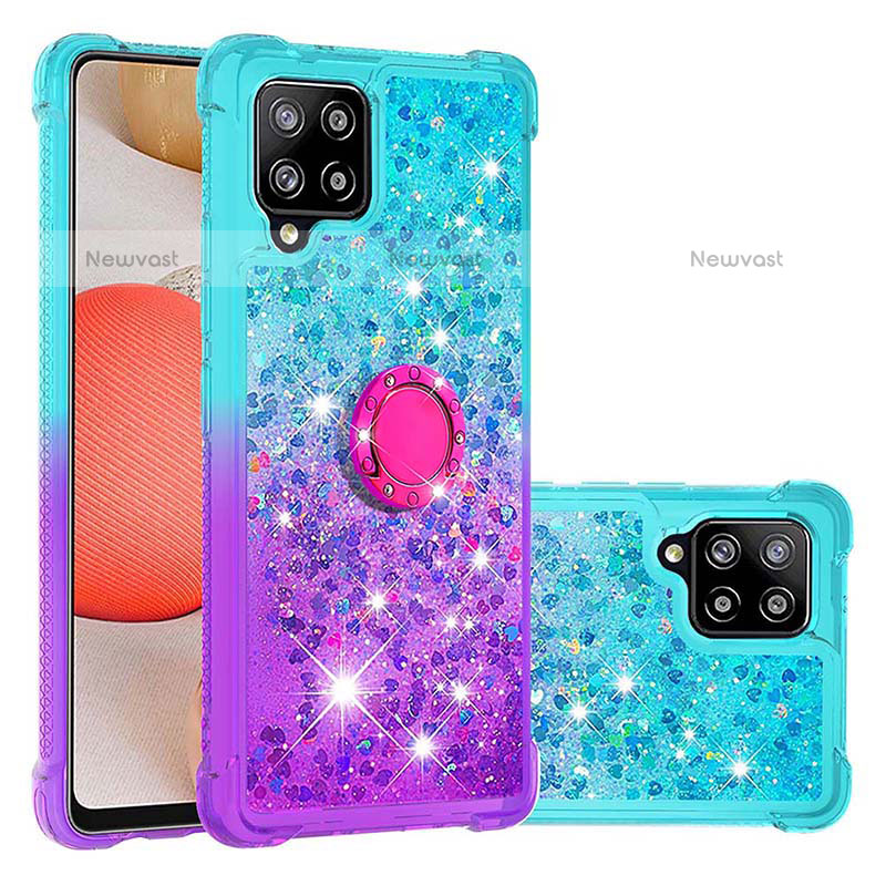 Silicone Candy Rubber TPU Bling-Bling Soft Case Cover with Finger Ring Stand S02 for Samsung Galaxy A42 5G Sky Blue