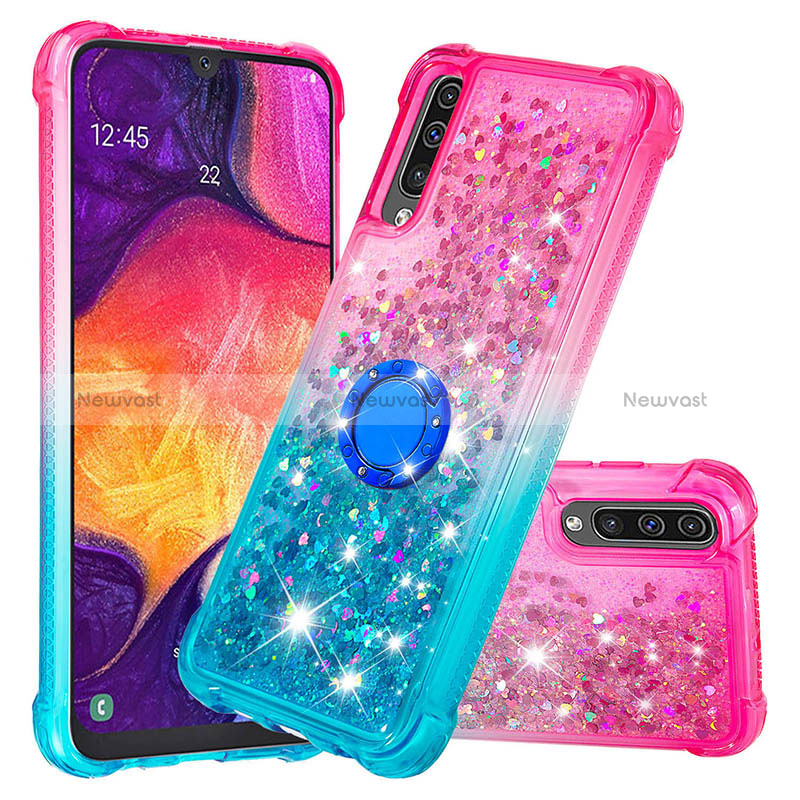 Silicone Candy Rubber TPU Bling-Bling Soft Case Cover with Finger Ring Stand S02 for Samsung Galaxy A50 Pink