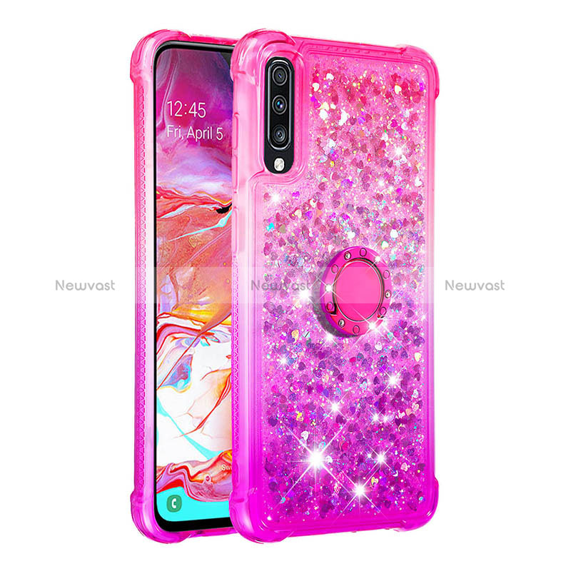 Silicone Candy Rubber TPU Bling-Bling Soft Case Cover with Finger Ring Stand S02 for Samsung Galaxy A70S Hot Pink