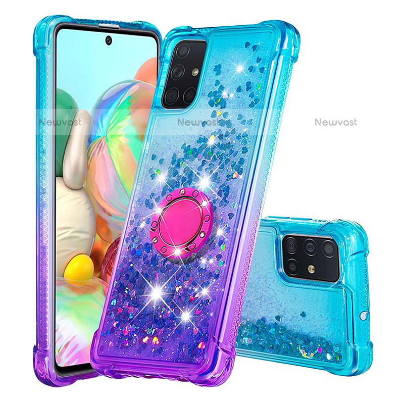 Silicone Candy Rubber TPU Bling-Bling Soft Case Cover with Finger Ring Stand S02 for Samsung Galaxy A71 4G A715 Sky Blue