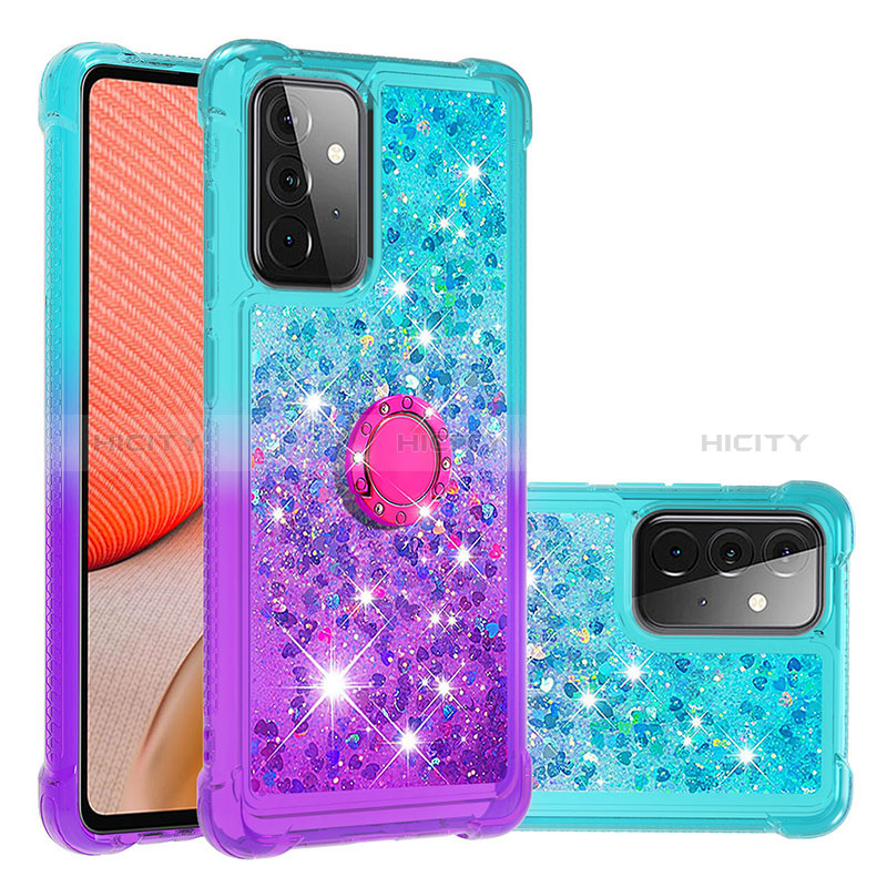 Silicone Candy Rubber TPU Bling-Bling Soft Case Cover with Finger Ring Stand S02 for Samsung Galaxy A72 4G Sky Blue